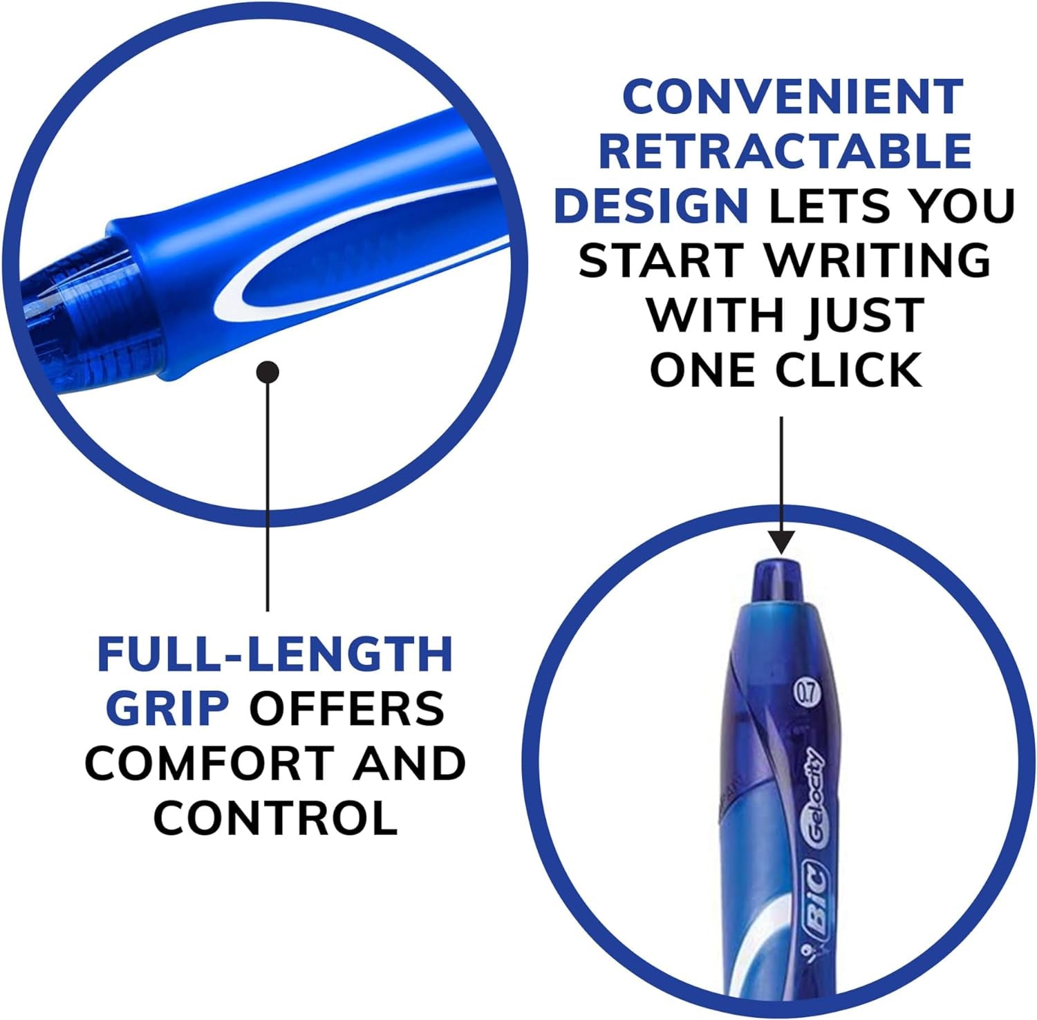 BIC Gel-ocity Retractable Quick Dry Gel Pen, Medium Point (0.7mm), Blue, Comfortable Full Grip