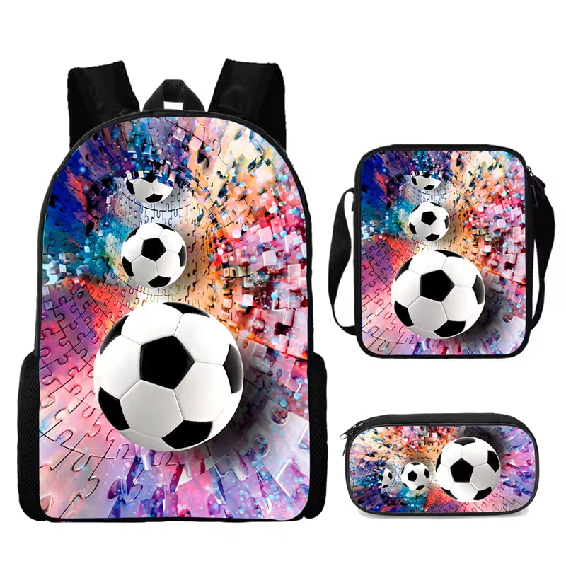 3-Piece Cartoon School Backpack Set for Boys and Girls with Football Design - Lightweight and Customizable