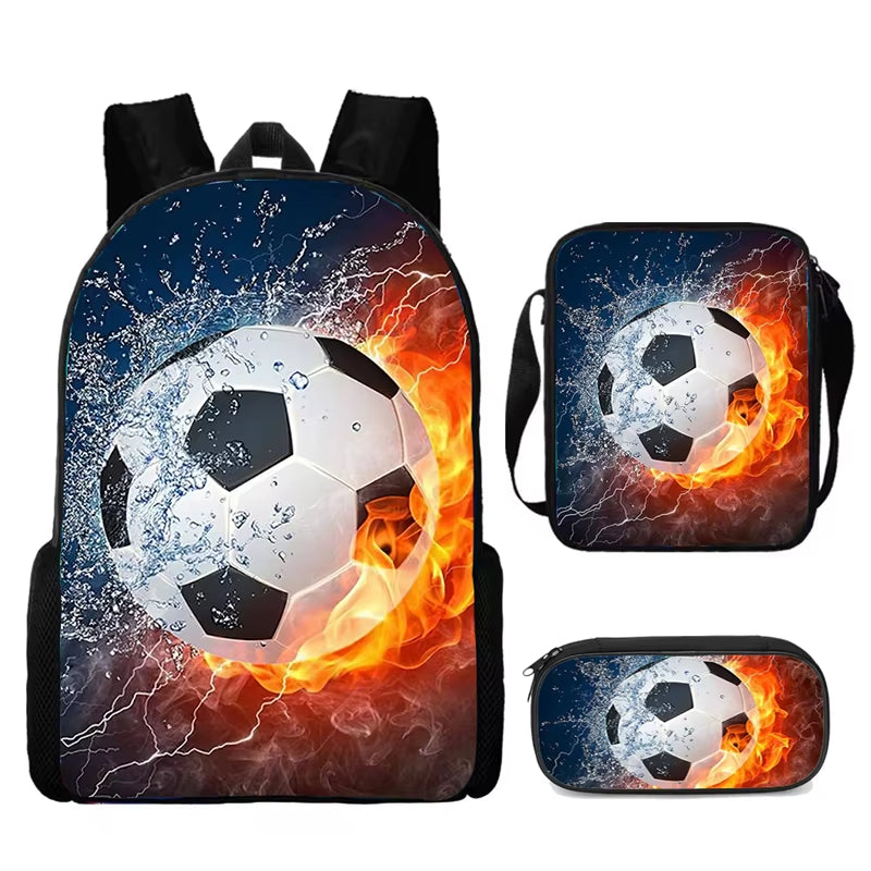 3-Piece Cartoon School Backpack Set for Boys and Girls with Football Design - Lightweight and Customizable