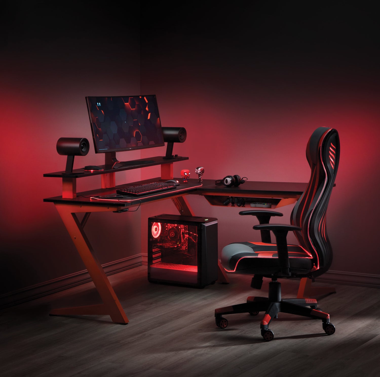 Avatar L-Shaped Gaming Desk with Carbon Fiber Top and Matte Red Steel Legs for Ultimate Gaming Experience