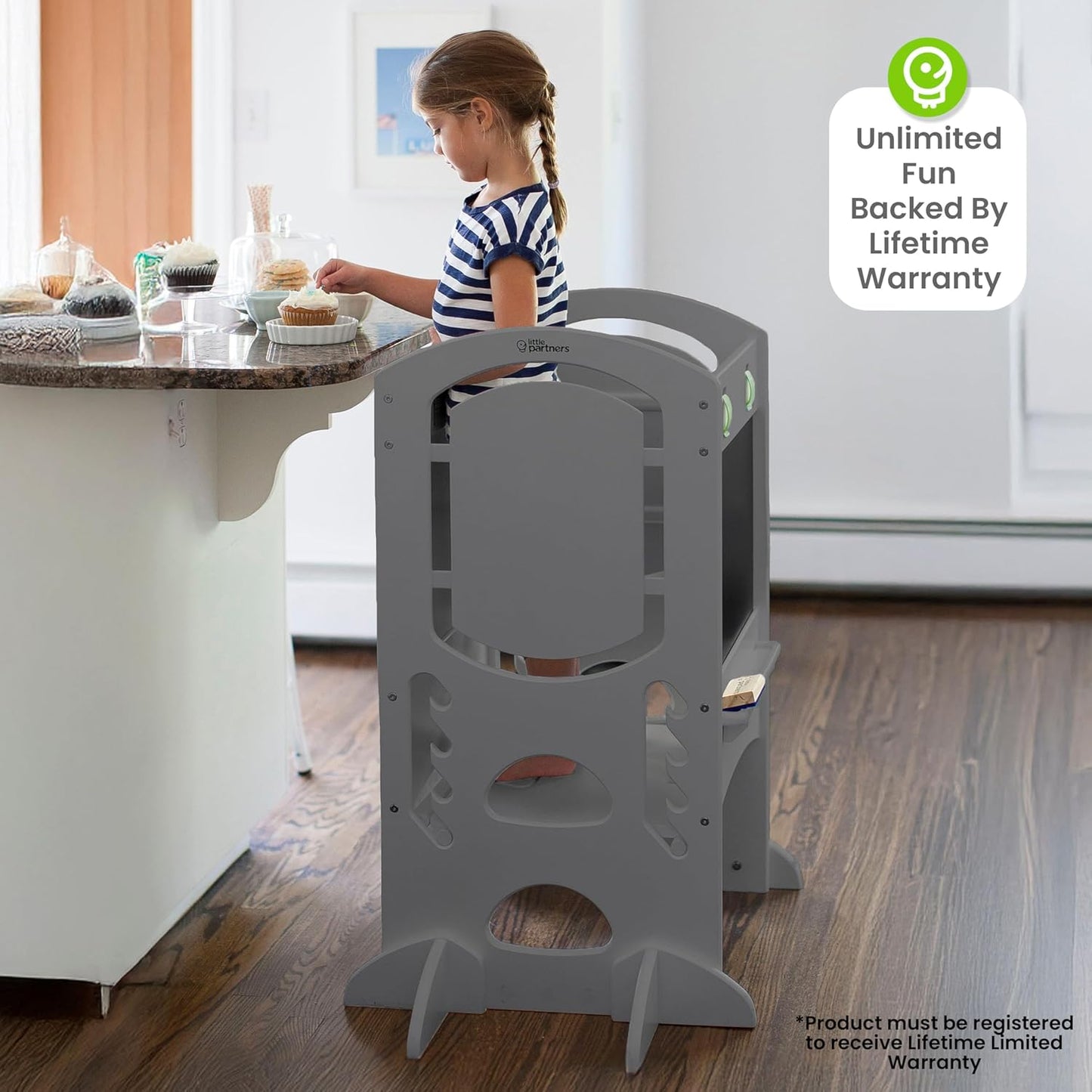 Limited Edition Adjustable Height Learning Tower for Toddlers - Wooden Activity Center with Chalkboard and Safety Rails in Earl Grey