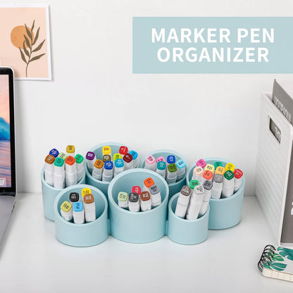 Premium Large Pencil Holder for Office - Wall-Mounted Pen Cup Set with 7 Spacious Compartments, Versatile Marker Organizer for School Supplies and Aesthetic Desk Accessories (Elegant Blue Design)