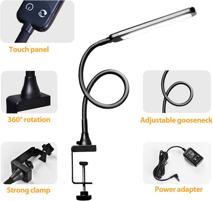 Versatile LED Desk Lamp with Gooseneck Flexibility - Touchable Dimmable Clamp Light for Home Office and Reading