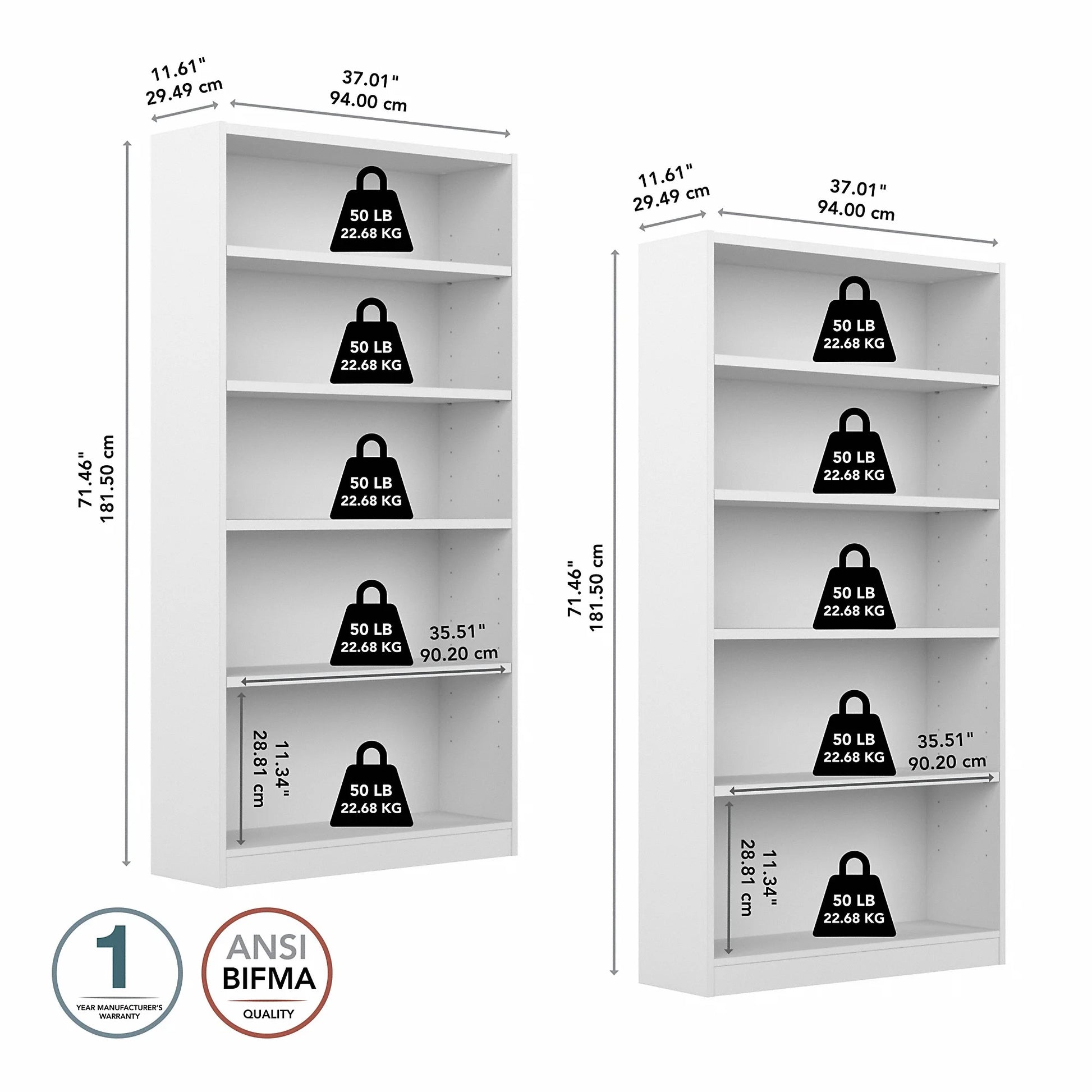 Elegant Universal 5-Shelf Bookcase Set of 2 for Versatile Home and Office Storage