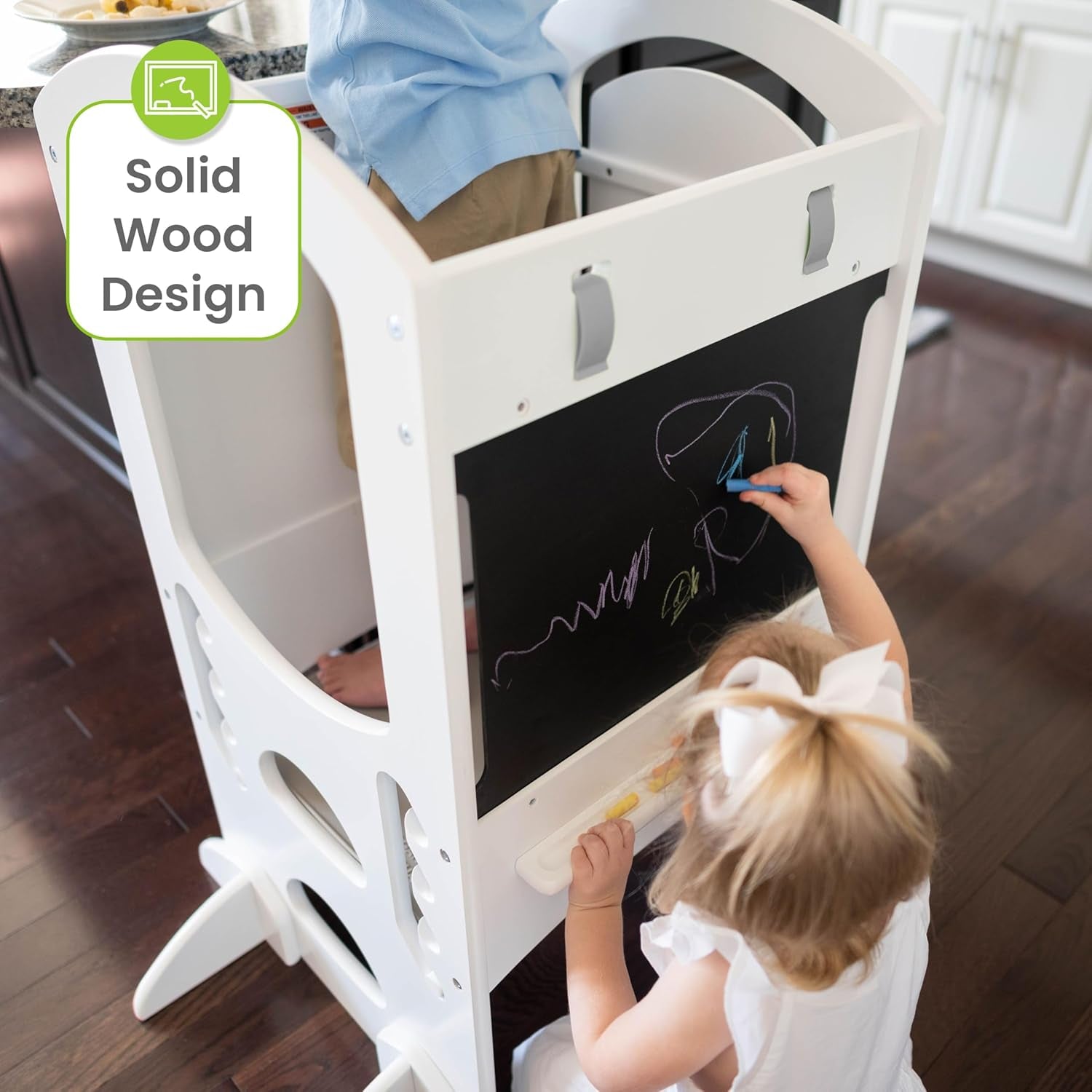 Limited Edition Learning Tower: Versatile Toddler Step Stool and Activity Center with Adjustable Height, Chalkboard, and Safety Rails in Soft White