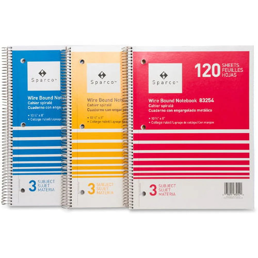 Sparco Premium Wirebound 3-Subject Notebook with Kraft Dividers - Assorted Colors