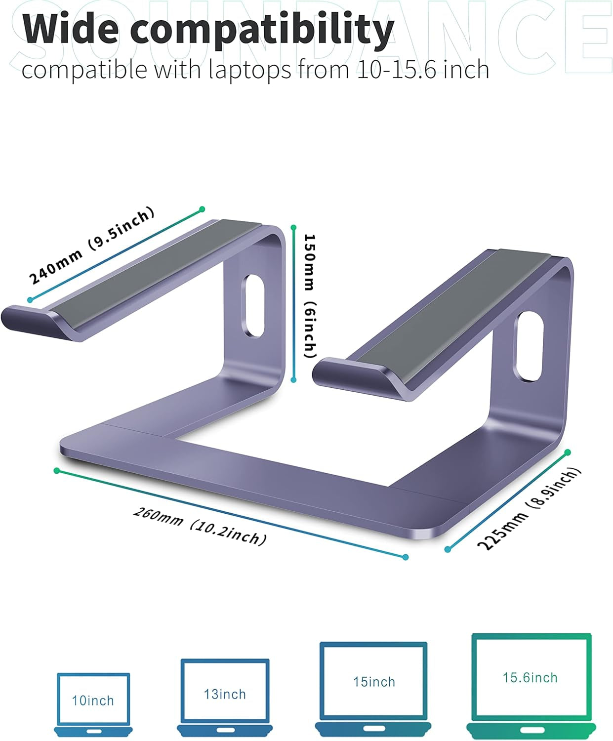 Premium Aluminum Laptop Stand - Ergonomic Riser for 10 to 15.6 Inch Notebooks - Stylish Purple Design