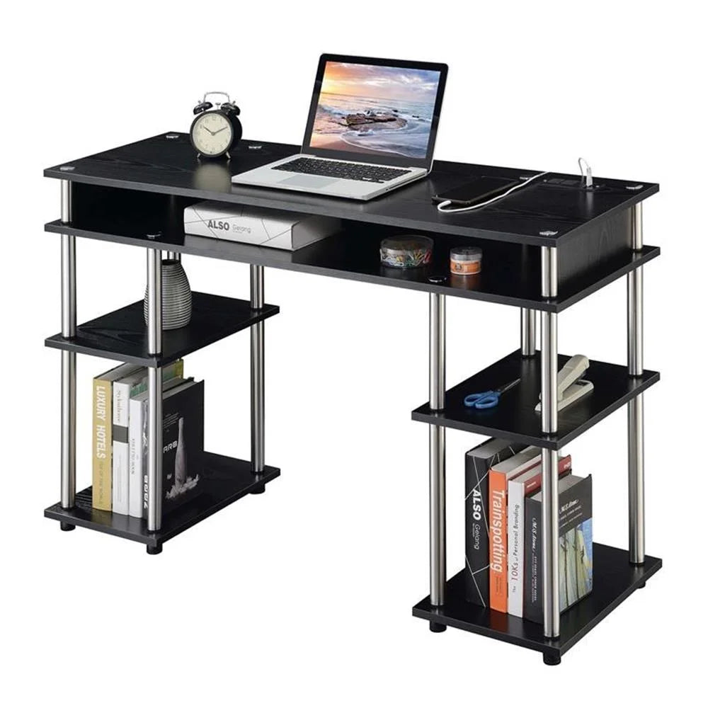 Student Desk with Charging Station in Black  with Wood Finish