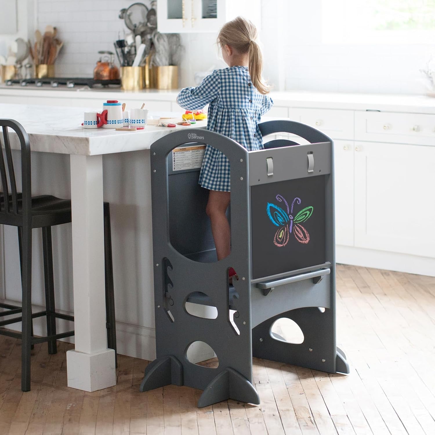 Limited Edition Adjustable Height Learning Tower for Toddlers - Wooden Activity Center with Chalkboard and Safety Rails in Earl Grey