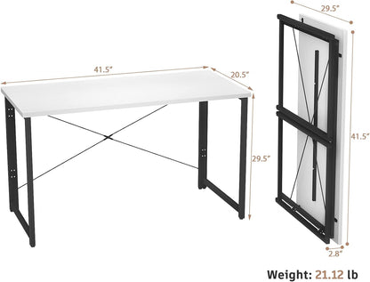 Compact Folding Computer Desk - 41 Inch No Assembly Required Small Workstation for Home Office and Writing | Elegant White Design