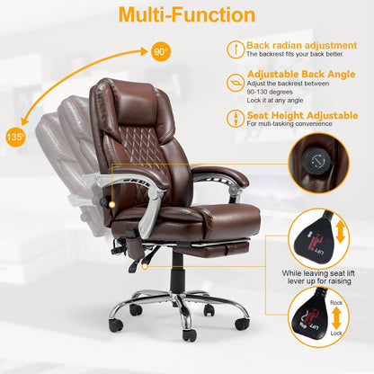 Ergonomic 2-Point Massage Executive Office Chair with Lumbar Support and Heated Reclining Backrest in Brown