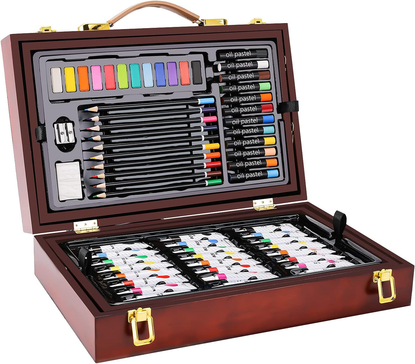 Deluxe Art Set in Wooden Case, Portable Art Painting Kit Includes Acrylic & Watercolor & Oil Paints, Oil Pastels, Colored Pencils, Creative Art Supplies Gift for Kids, Adults, Teens Girls Boys