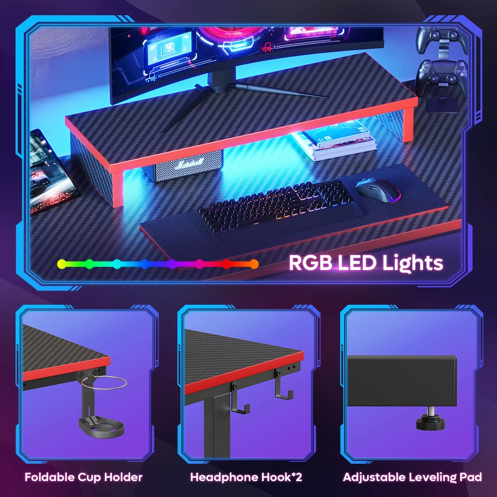 42-Inch Red Gaming Desk with LED Lights and Monitor Stand - Perfect for PC Gamers