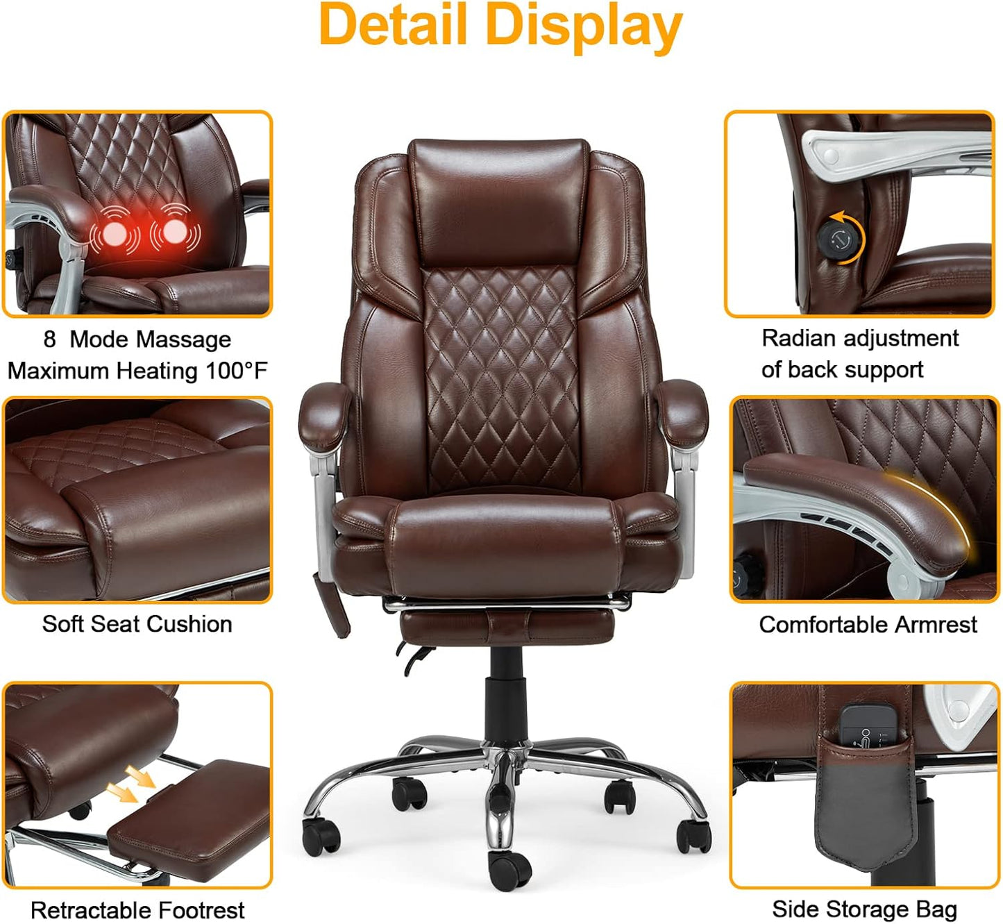 Ergonomic 2-Point Massage Executive Office Chair with Lumbar Support and Heated Reclining Backrest in Brown