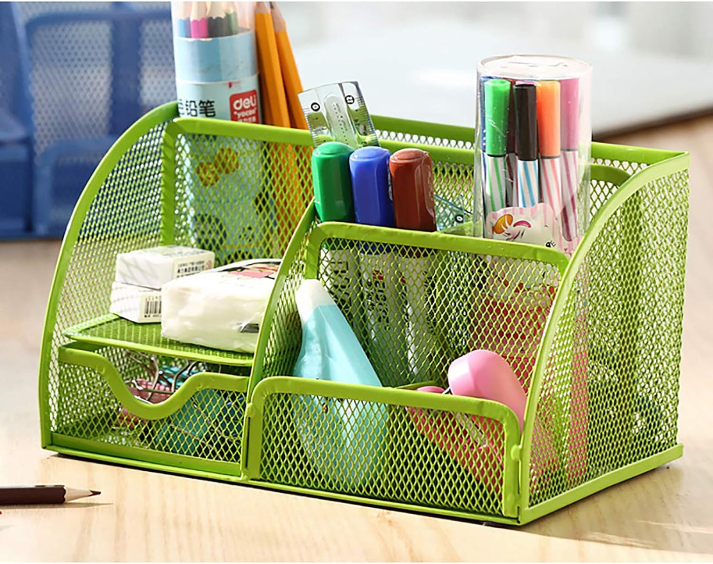 Stylish Green Mesh Desk Organizer with 6 Compartments and Drawer for Office and School Supplies