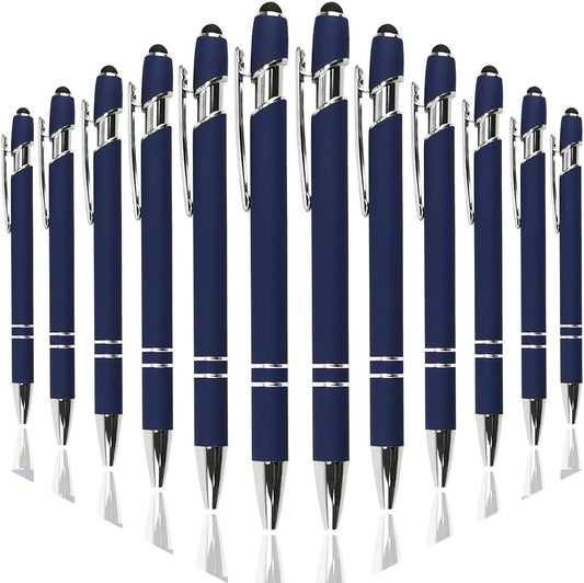 Premium Dark Blue Ballpoint Pens with Stylus Tip - Soft Touch, 1.0mm Medium Point, Pack of 12