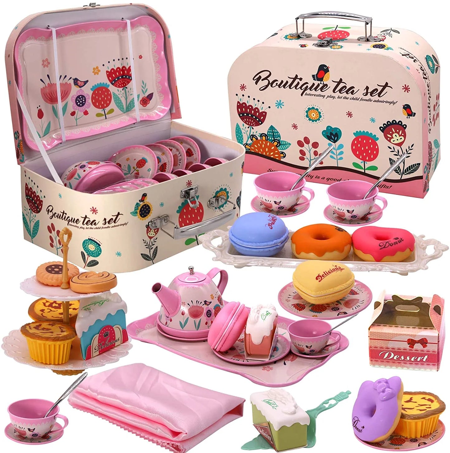 Charming Tea Party Set for Young Girls - Complete Pretend Play Kit with Teapot, Desserts, Tablecloth, and Carrying Case for Ages 3-6