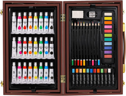 Deluxe Art Set in Wooden Case, Portable Art Painting Kit Includes Acrylic & Watercolor & Oil Paints, Oil Pastels, Colored Pencils, Creative Art Supplies Gift for Kids, Adults, Teens Girls Boys