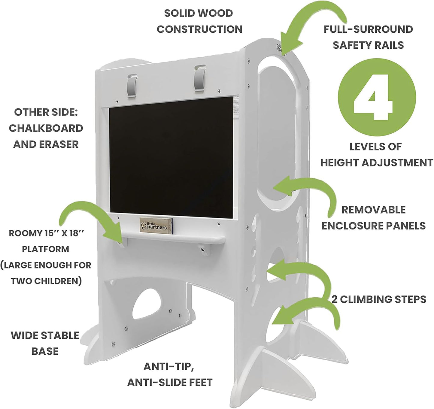 Limited Edition Learning Tower: Versatile Toddler Step Stool and Activity Center with Adjustable Height, Chalkboard, and Safety Rails in Soft White