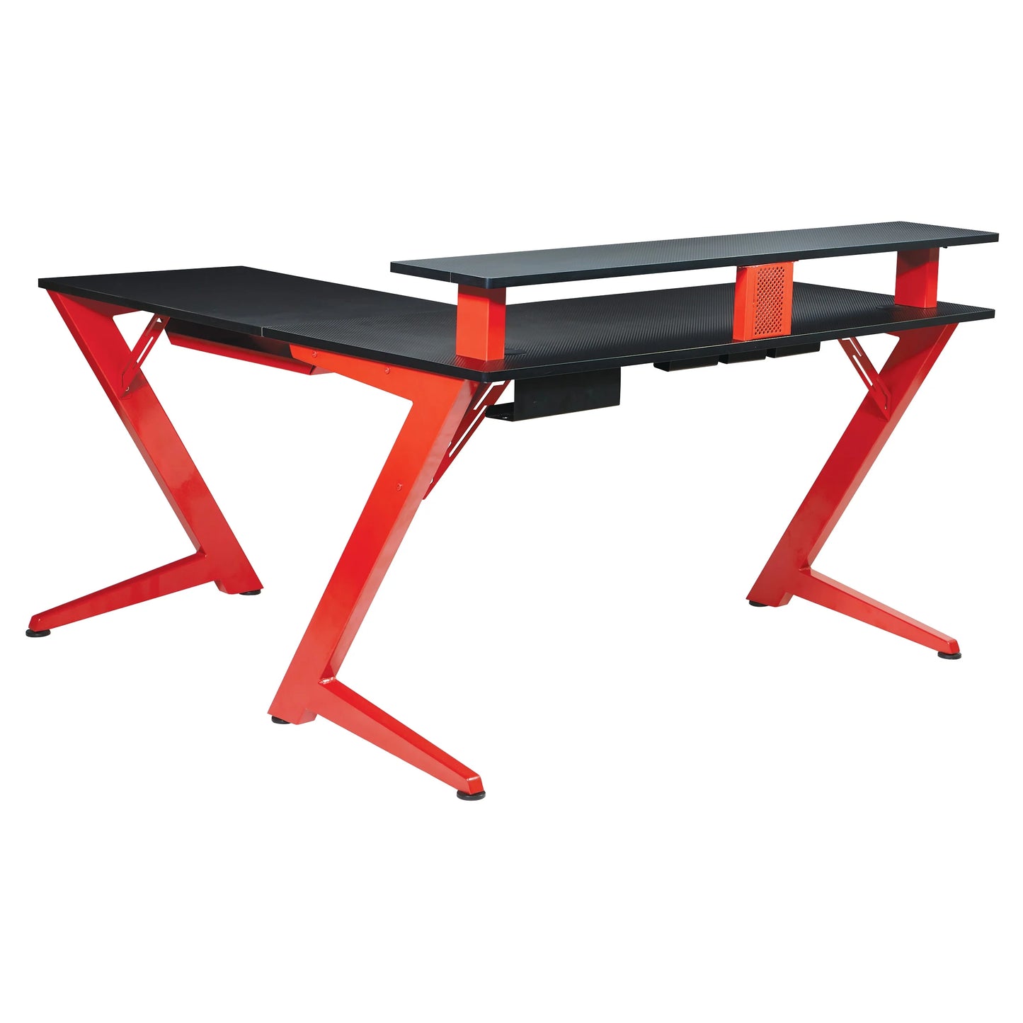 Avatar L-Shaped Gaming Desk with Carbon Fiber Top and Matte Red Steel Legs for Ultimate Gaming Experience