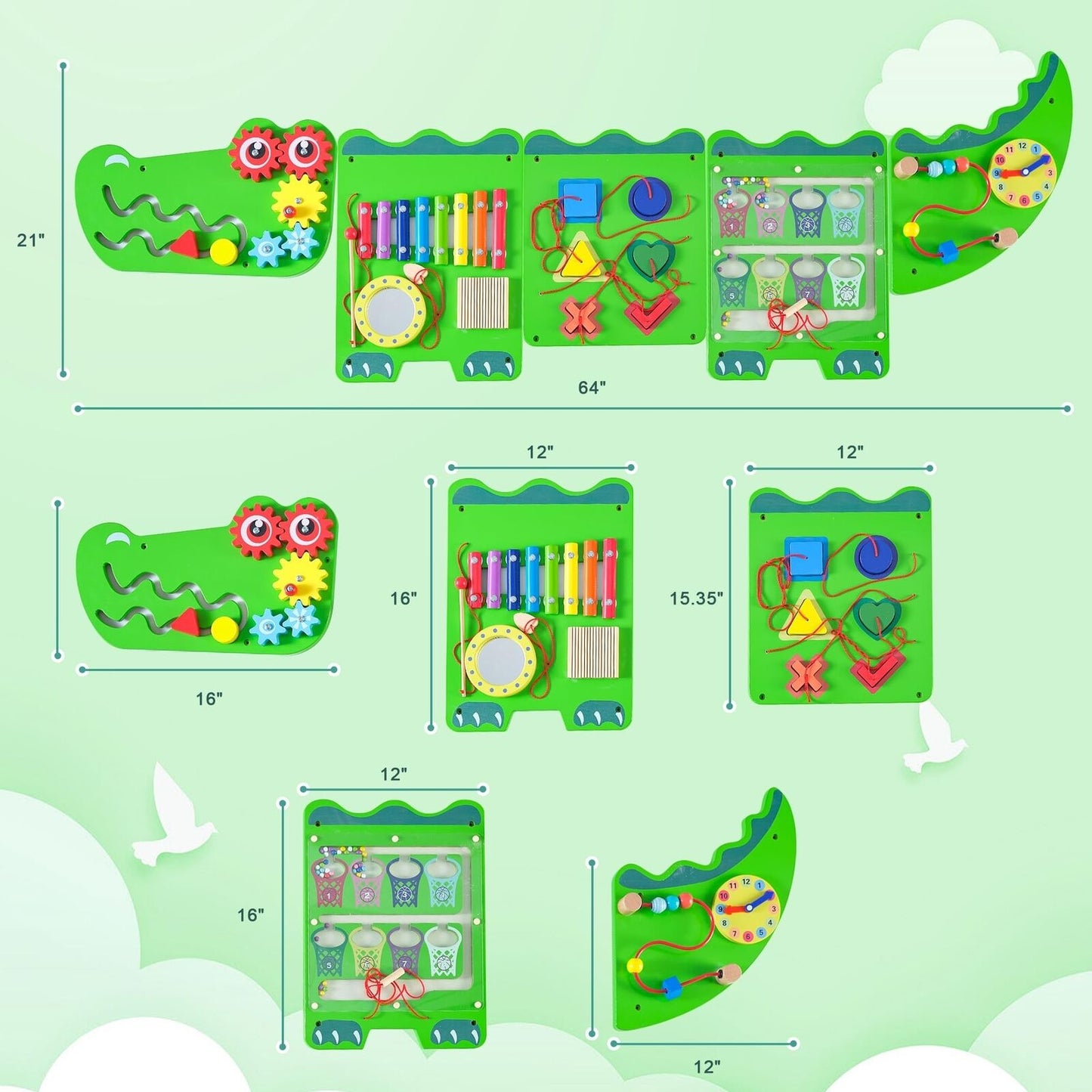 Engaging Crocodile Sensory Activity Wall Panels - Educational Montessori Busy Board for Toddlers 18 Months and Up - Interactive Green Wooden Learning Toy