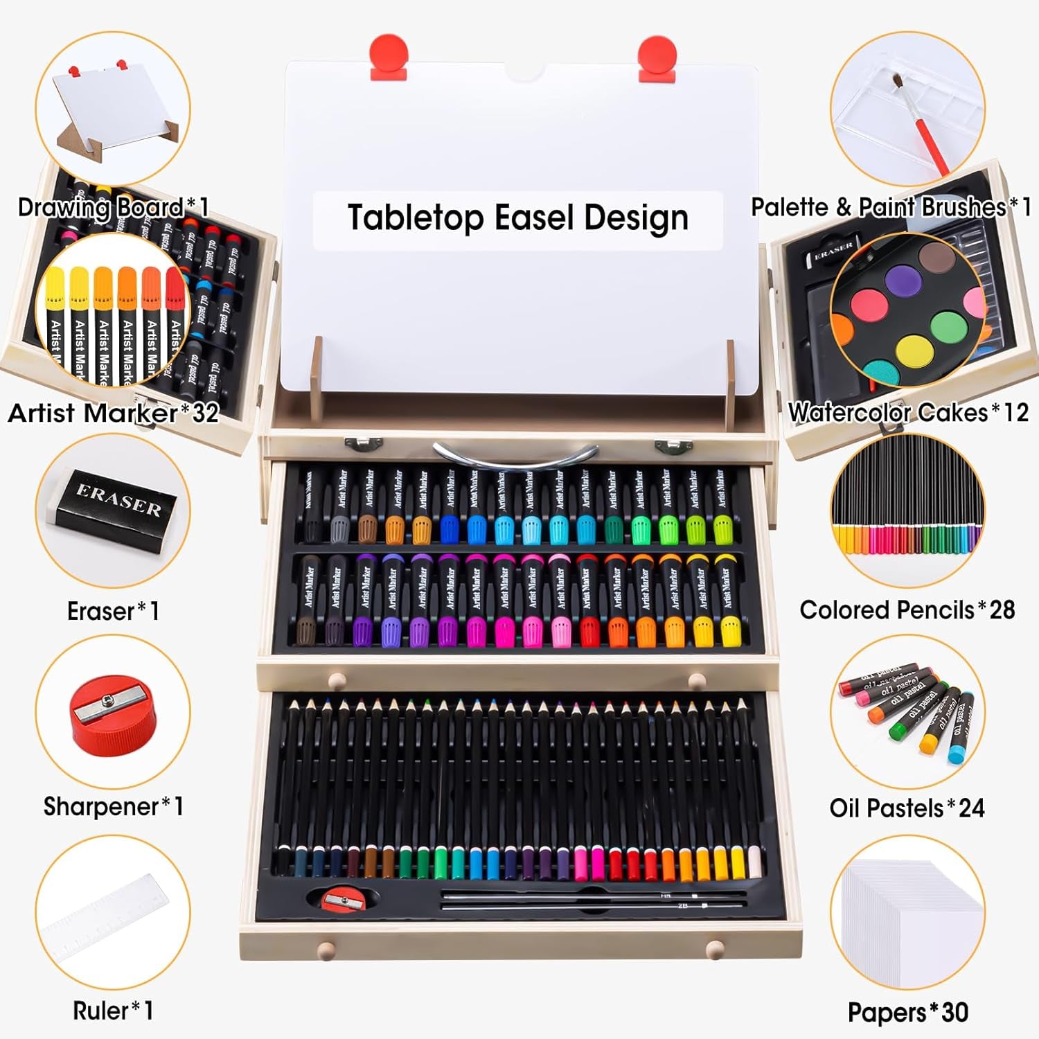 Deluxe Wooden Art Set with Easel - 137-Piece Creative Art Supplies for Kids, Teens, and Beginners