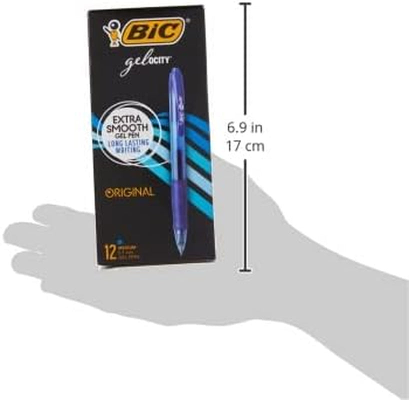 BIC Gelocity Original Blue Gel Pens - 12-Count Medium Point (0.7mm) Retractable Pens with Ergonomic Grip for Effortless Writing