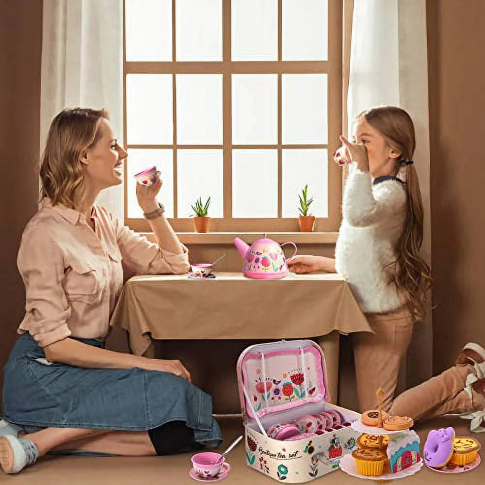 Charming Tea Party Set for Young Girls - Complete Pretend Play Kit with Teapot, Desserts, Tablecloth, and Carrying Case for Ages 3-6