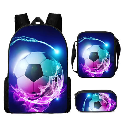 3-Piece Cartoon School Backpack Set for Boys and Girls with Football Design - Lightweight and Customizable