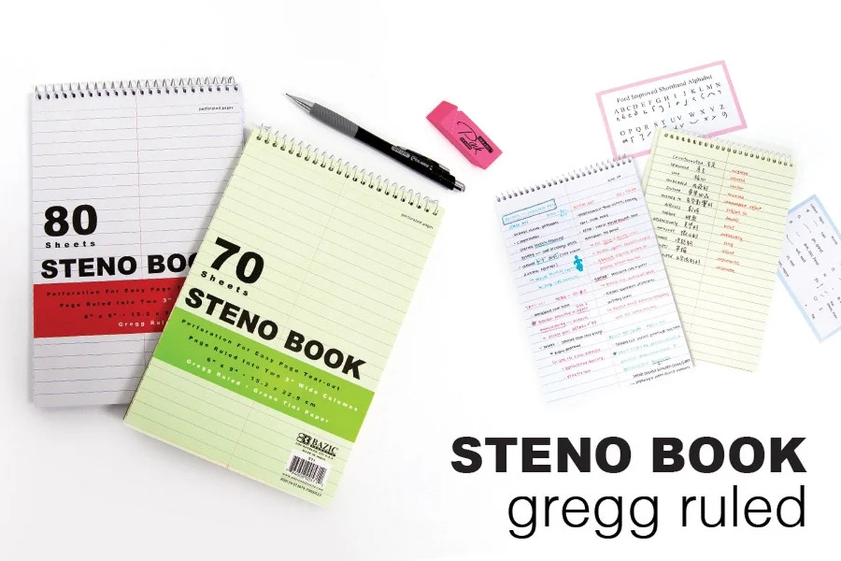 BAZIC Premium Perforated Writing Pads - 80 Sheets, 6" x 9" White Gregg Ruled Steno Books, Convenient 2-Pack for Efficient Note-Taking