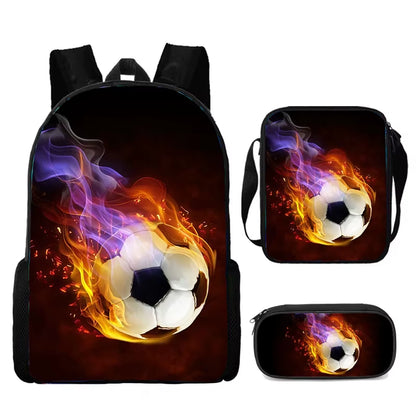 3-Piece Cartoon School Backpack Set for Boys and Girls with Football Design - Lightweight and Customizable