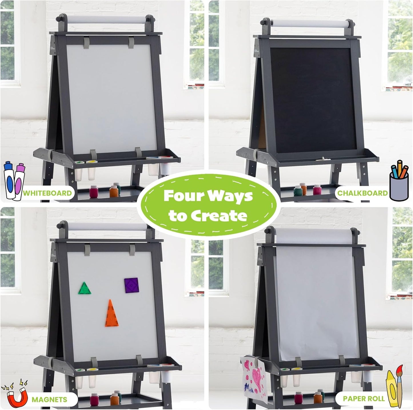 Deluxe Learn 'N Play Toddler Easel - Two-Sided Art Center with Chalkboard, Magnetic Dry Erase Whiteboard, Paper Feed, Storage Bins, and Paint Containers in Earl Grey