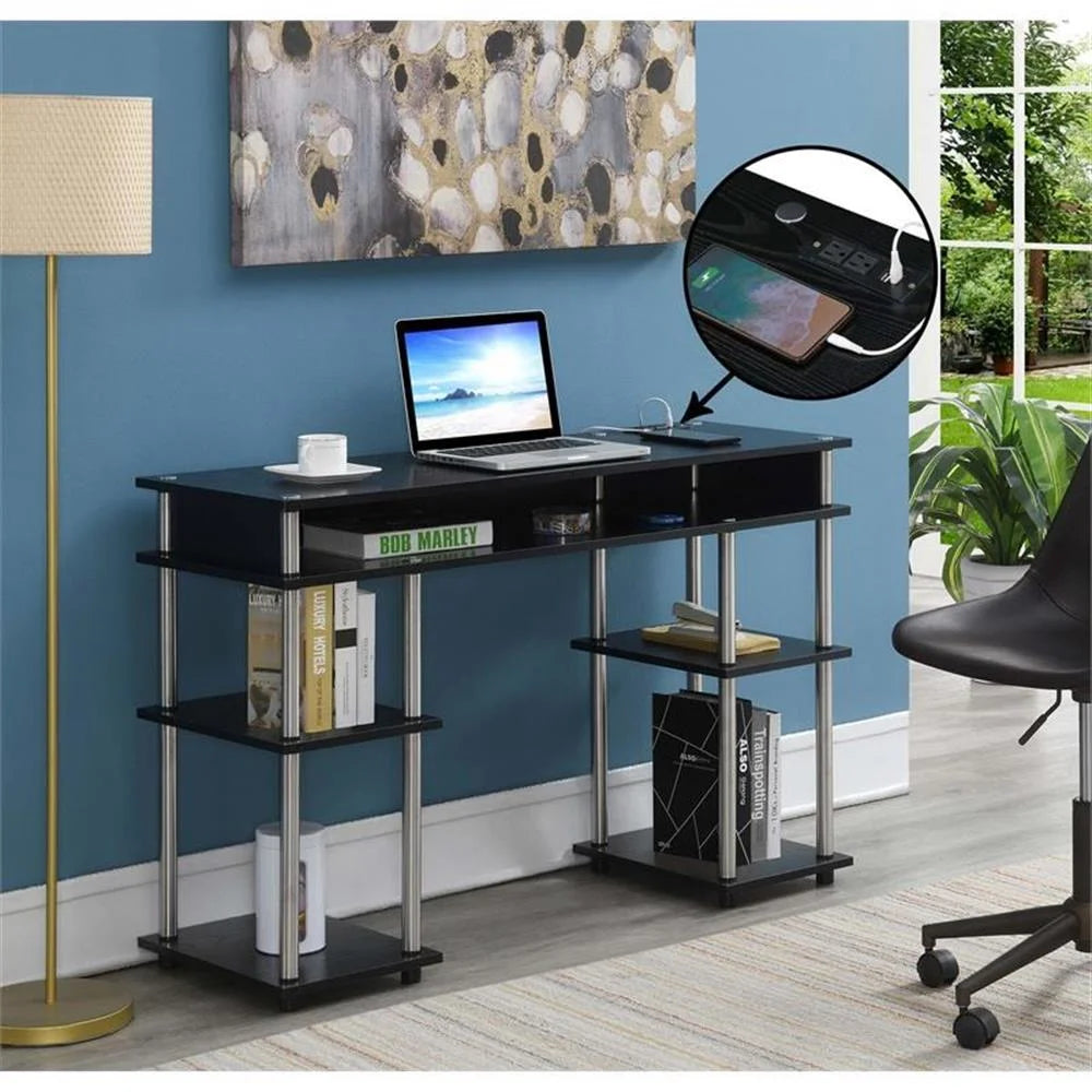 Student Desk with Charging Station in Black  with Wood Finish