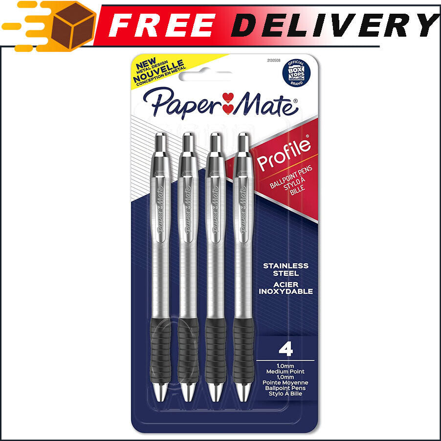 Premium 4-Pack Paper Mate Profile Retractable Ballpoint Pens with Stainless Steel Barrel - 1mm Black Ink