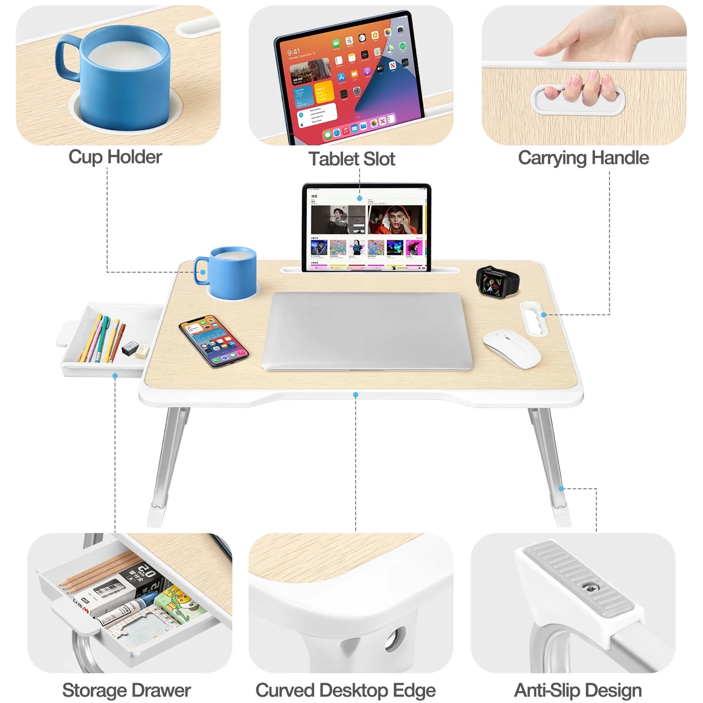 Premium Large Lap Desk for Bed - Versatile Portable Laptop Table with Storage Drawer and Cup Holder in Elegant Teak Finish