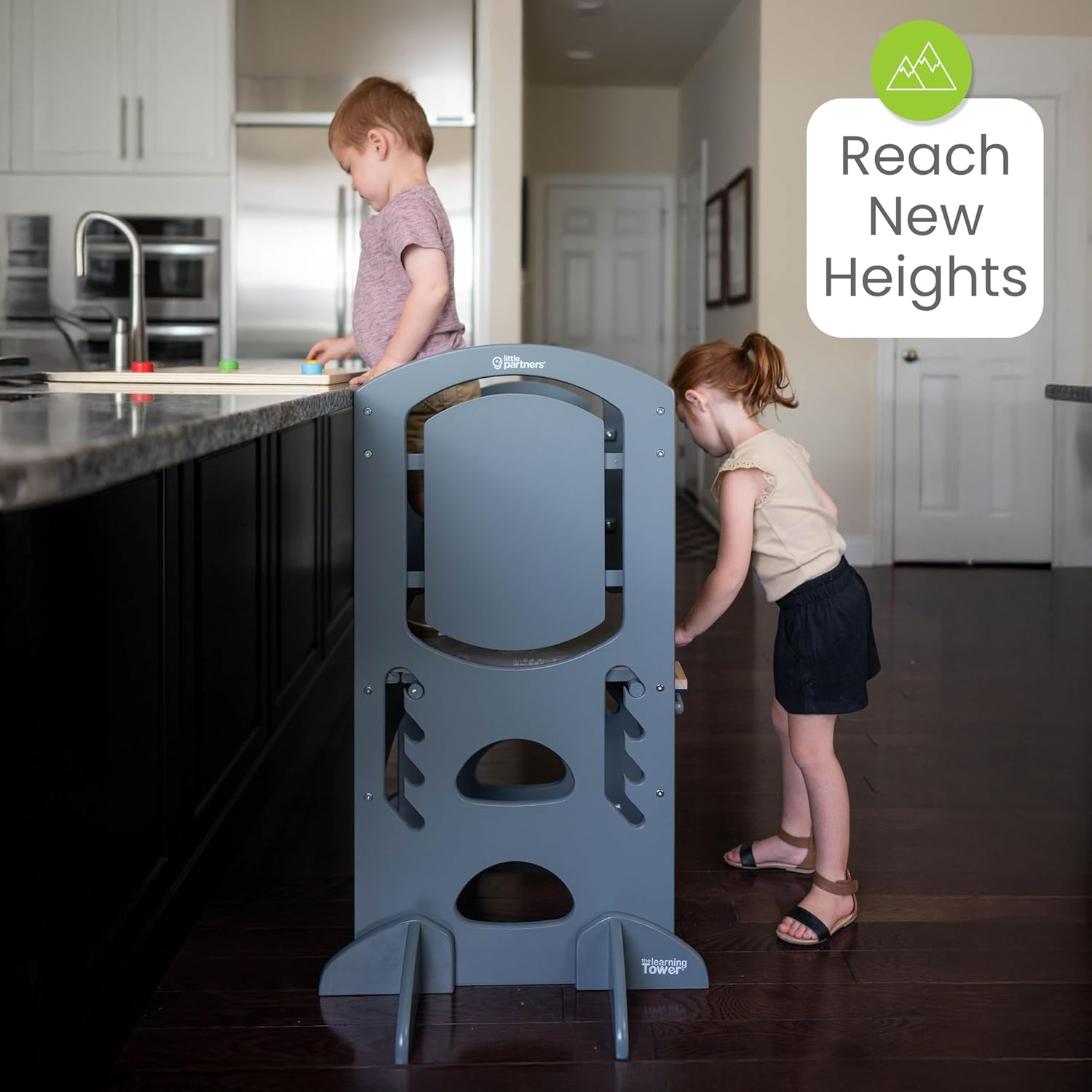 Limited Edition Adjustable Height Learning Tower for Toddlers - Wooden Activity Center with Chalkboard and Safety Rails in Earl Grey