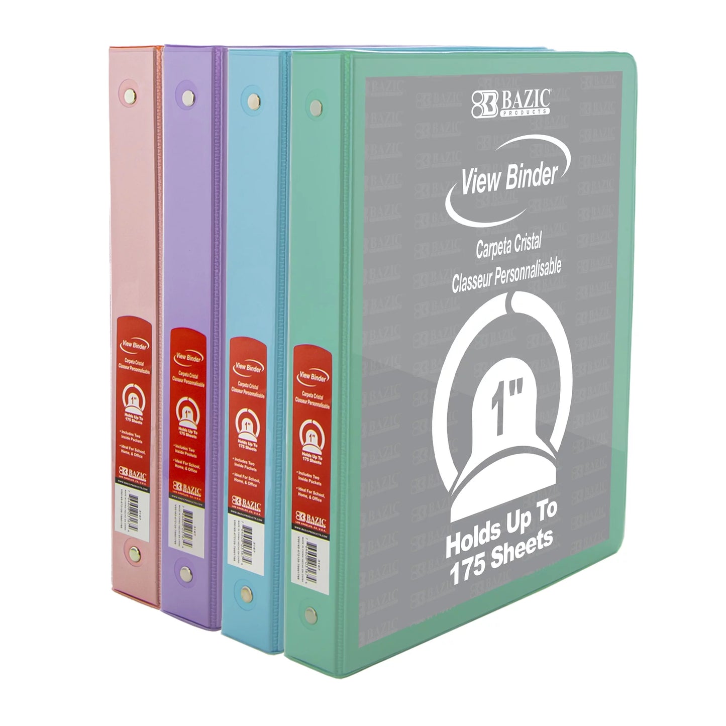 BAZIC 3-Ring Economy View Binders in Pastel Colors - 1 Inch, 175 Sheets, 4-Pack for Stylish Organization