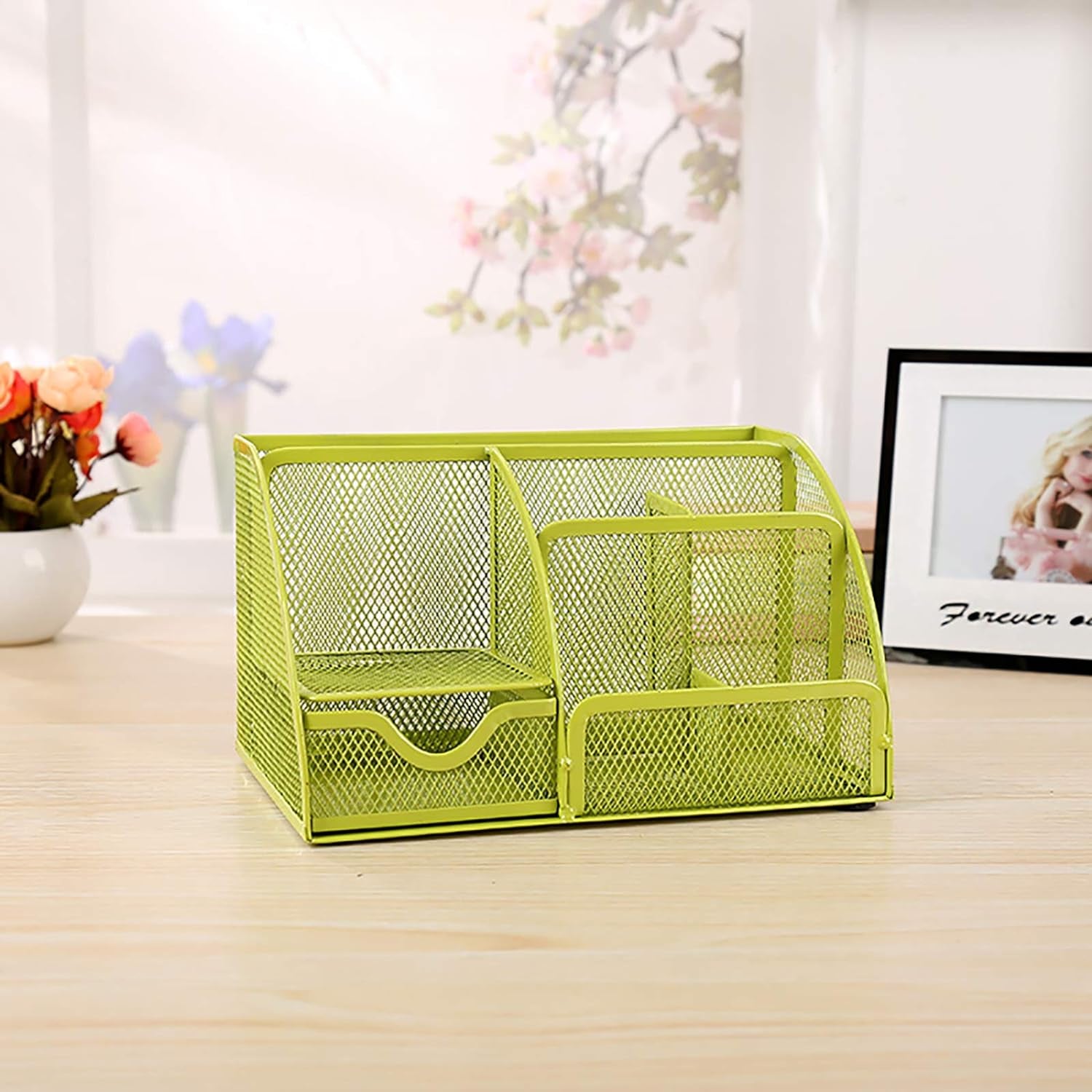 Stylish Green Mesh Desk Organizer with 6 Compartments and Drawer for Office and School Supplies