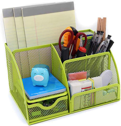 Stylish Green Mesh Desk Organizer with 6 Compartments and Drawer for Office and School Supplies