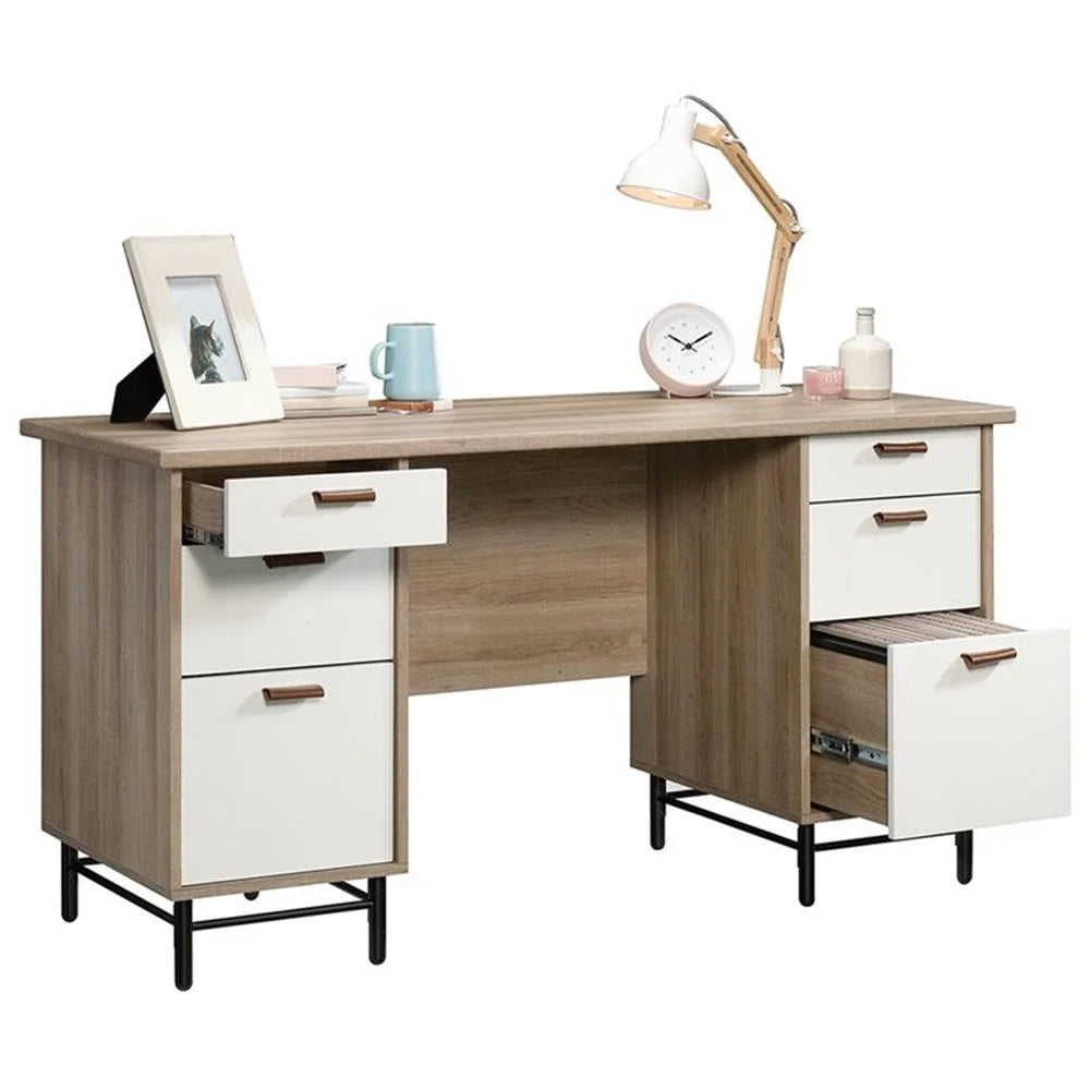 Anda Norr Executive Desk in Sky Oak and White - Modern Design with Ample Storage for Your Home Office