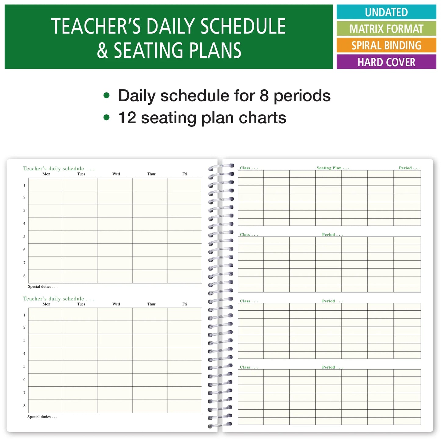 HARDCOVER Combination Plan and Record Book: One Efficient 8.5" X 11" Book for Lesson Plans & Grades Combines W101 and R1010 (PR7-10) (+) Bonus Clip-In Bookmark (Blue Green Flowers)