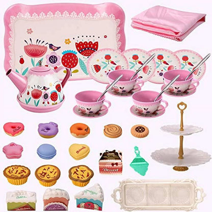 Charming Tea Party Set for Young Girls - Complete Pretend Play Kit with Teapot, Desserts, Tablecloth, and Carrying Case for Ages 3-6