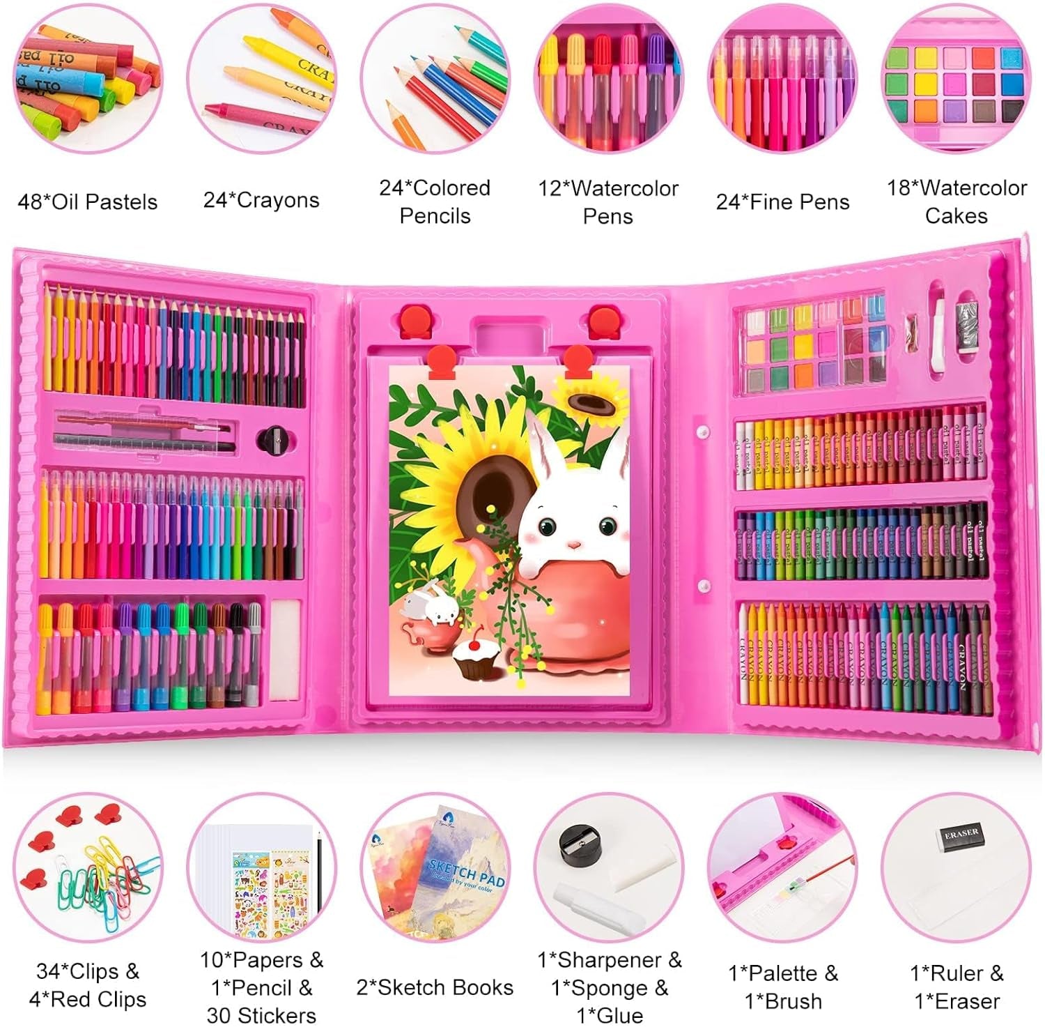 Comprehensive 240-Piece Art Supplies Set for Aspiring Artists - Perfect Gift for Kids, Teens, and Beginners with Double-Sided Trifold Easel and Premium Accessories in Pink