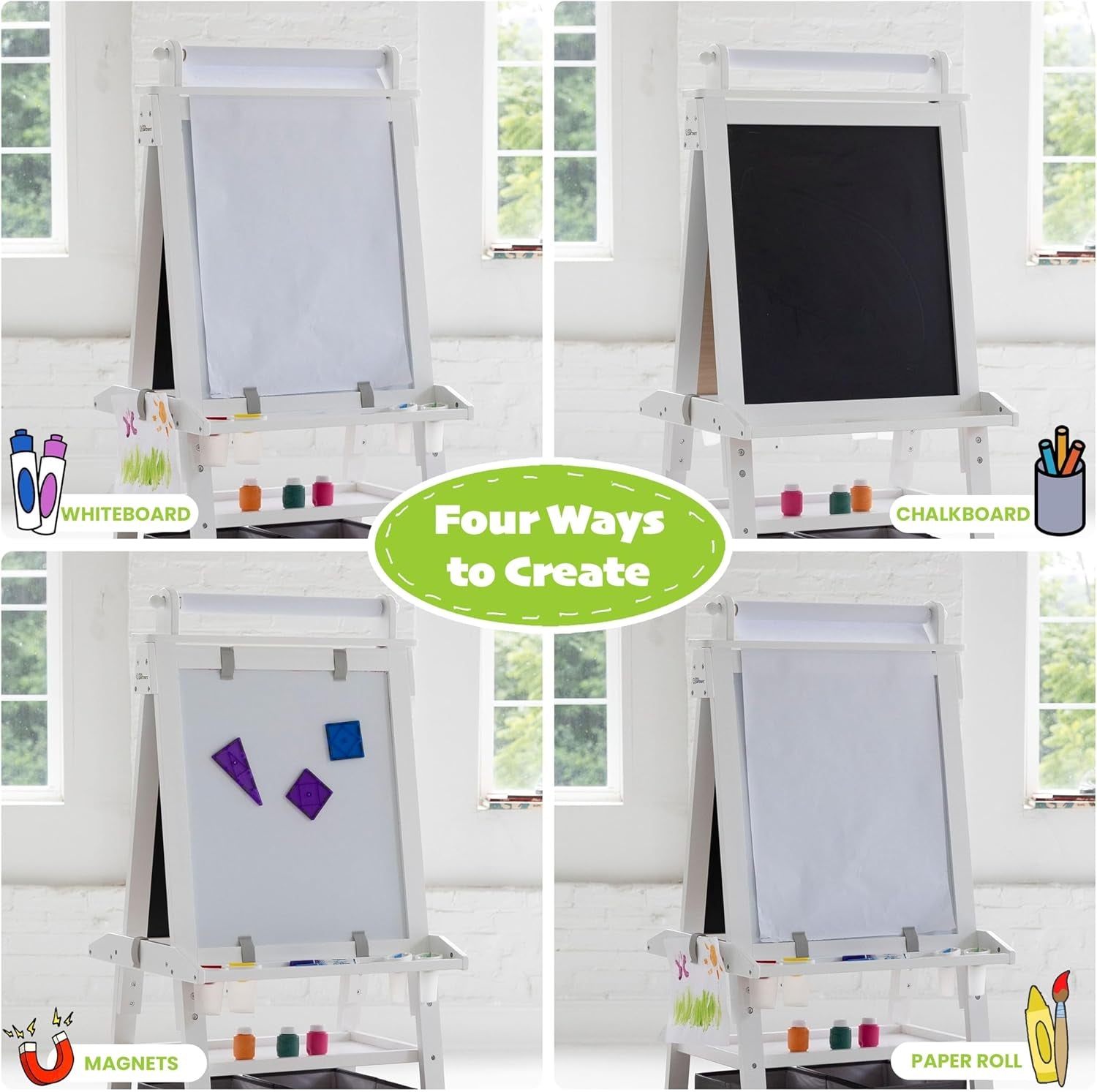 Deluxe Learn 'N Play Toddler Easel - Versatile Two-Sided Art Center with Chalkboard, Magnetic Dry Erase Board, and Complete Art Supplies in Soft White