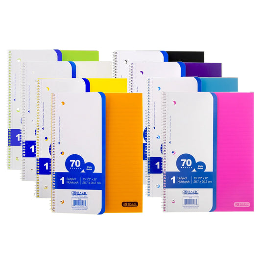 BAZIC Assorted Color Wide Ruled 1 Subject Poly Cover Spiral Notebooks - 70 Sheets, 8-Pack for Organized Note-Taking