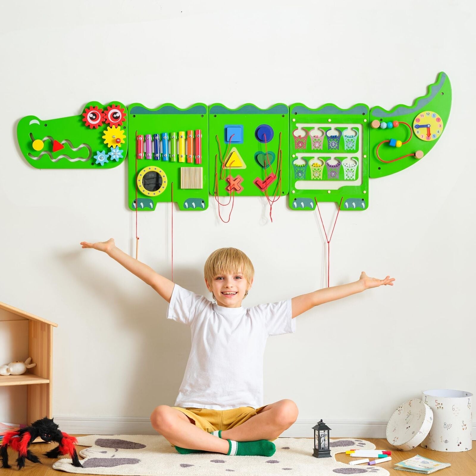 Engaging Crocodile Sensory Activity Wall Panels - Educational Montessori Busy Board for Toddlers 18 Months and Up - Interactive Green Wooden Learning Toy