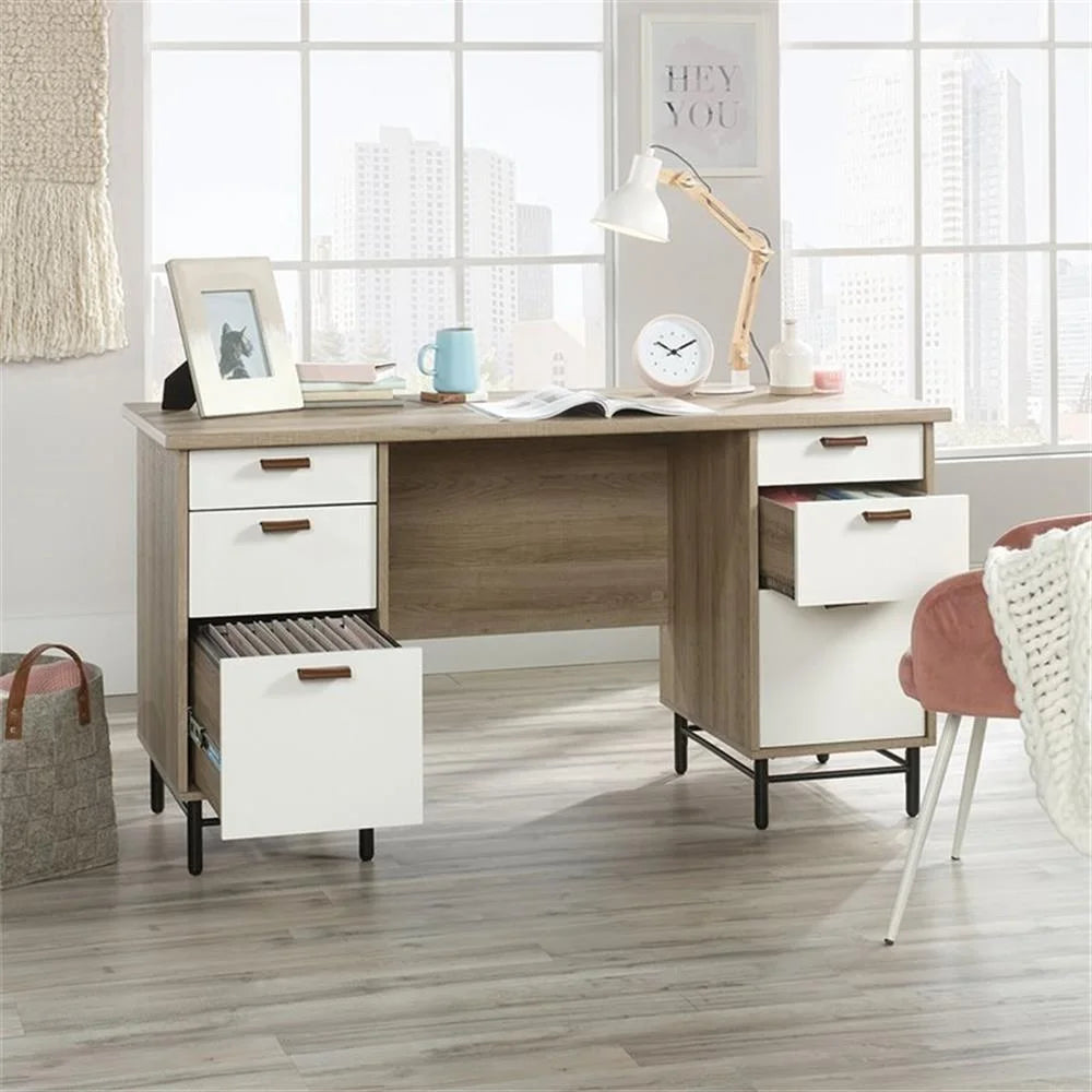 Anda Norr Executive Desk in Sky Oak and White - Modern Design with Ample Storage for Your Home Office