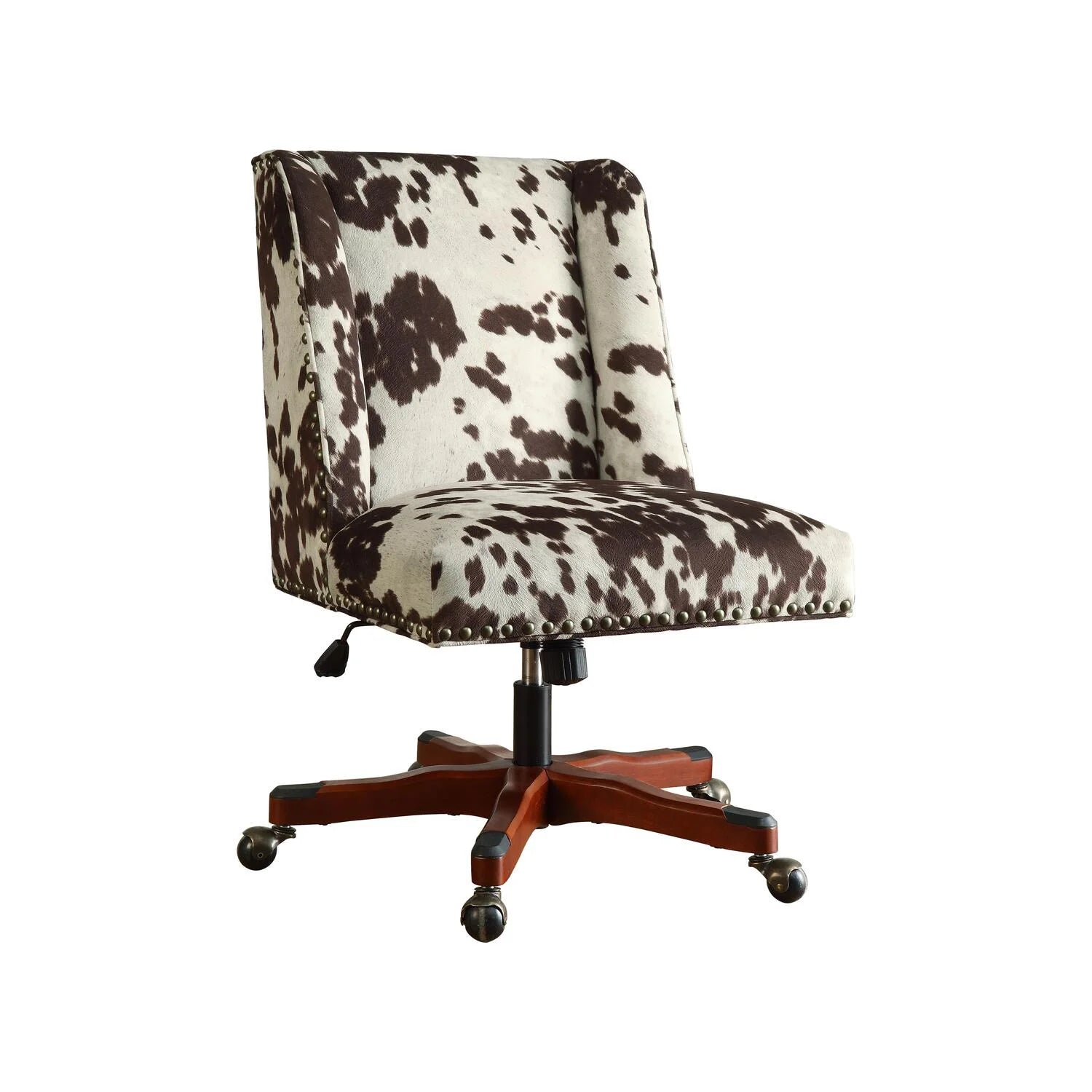 Draper Brown Cow Print Upholstered Office Chair with Adjustable Height and Walnut Base