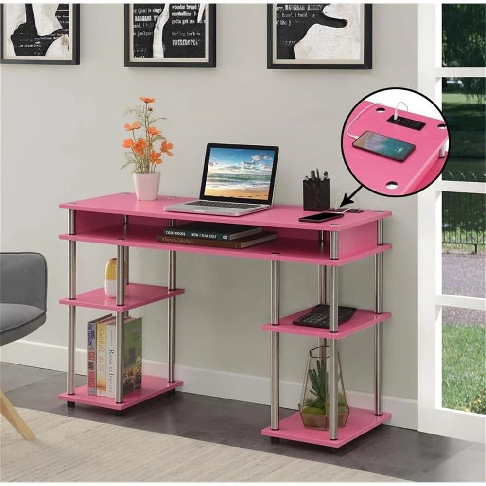 Contemporary Wood Student Desk with Charging Station in Pink