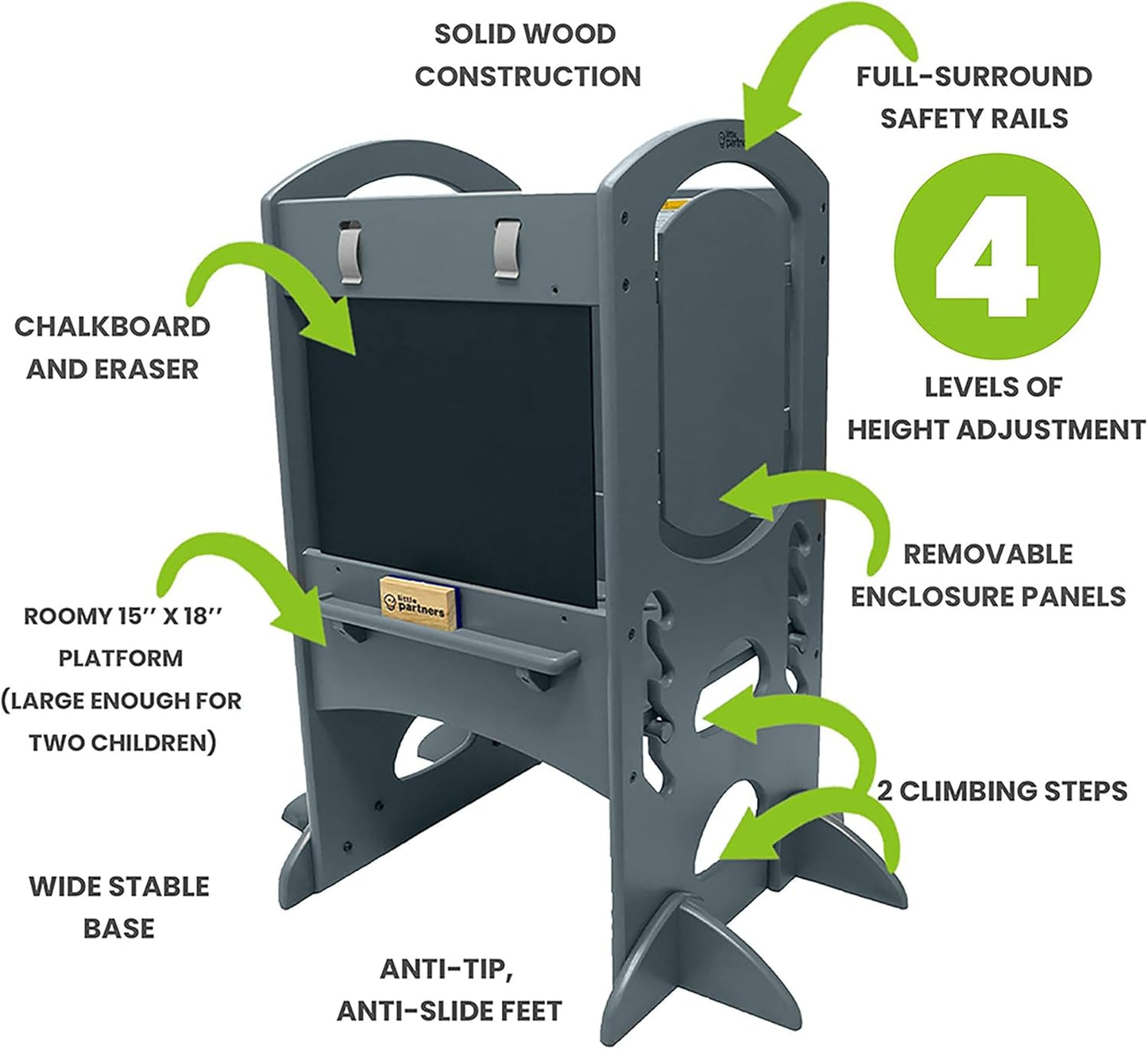 Limited Edition Adjustable Height Learning Tower for Toddlers - Wooden Activity Center with Chalkboard and Safety Rails in Earl Grey